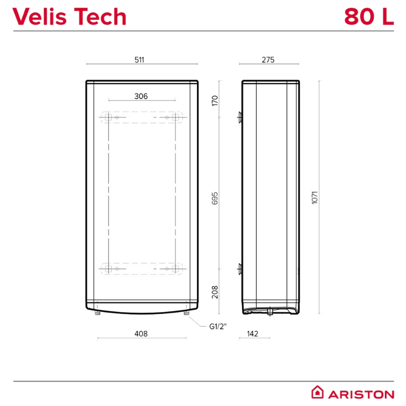 Boiler electric Ariston Velis Tech 80 EU, 80 litri - dimensiuni aparat