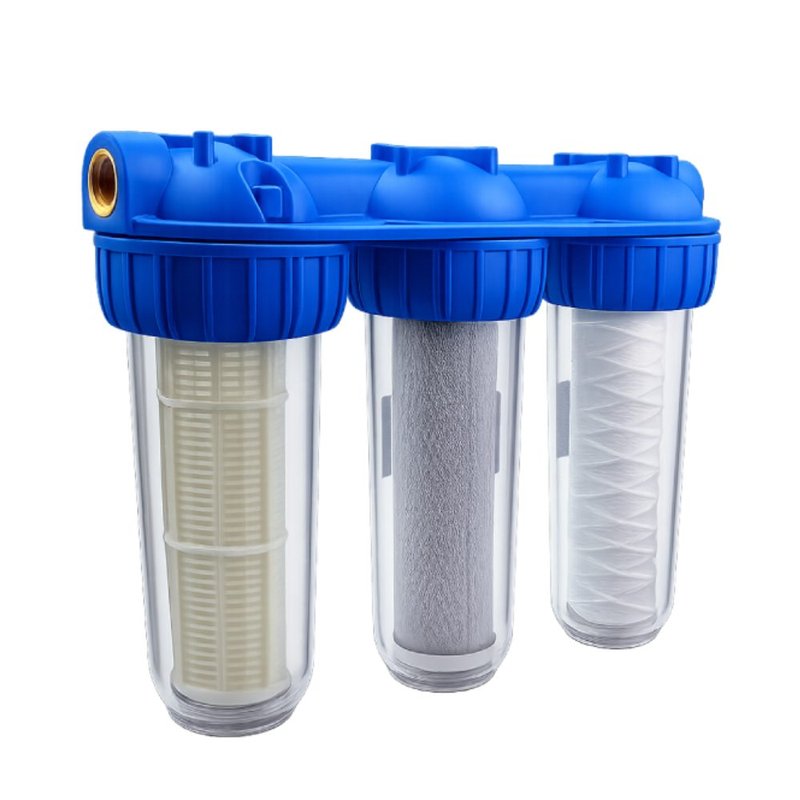 Filtru apa triplu Everline racord 3/4" FF lungime 10" + cartus carbune/bumbac/sita - EWY-3F34/10